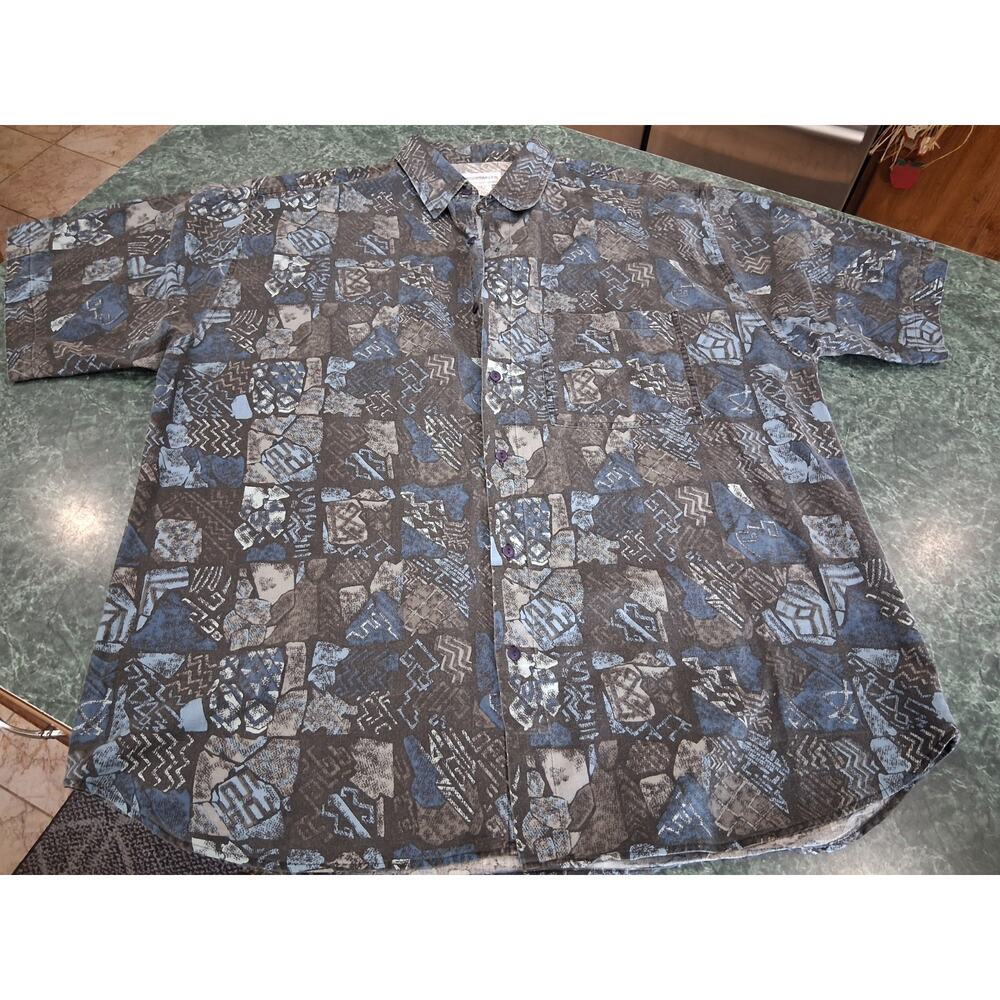 VTG 90s Sostanza Shirt Mens L Geometric Short Sleeve Button 100% Cotton Hawaiian
